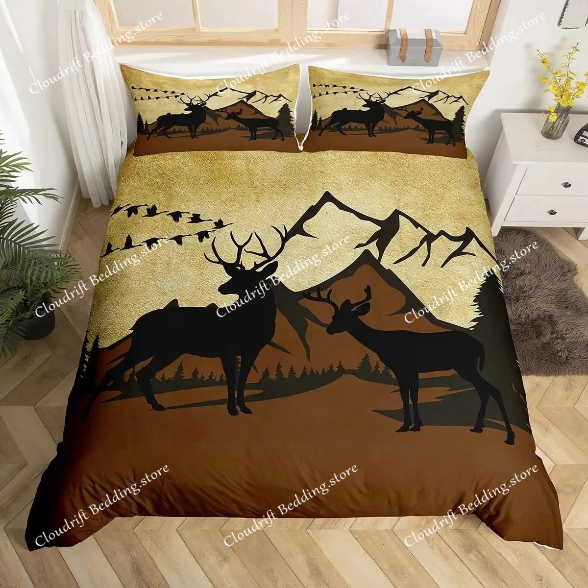 Deer Elk Duvet Cover King Quee - Hunting And Camping In Forest のレビューと価格