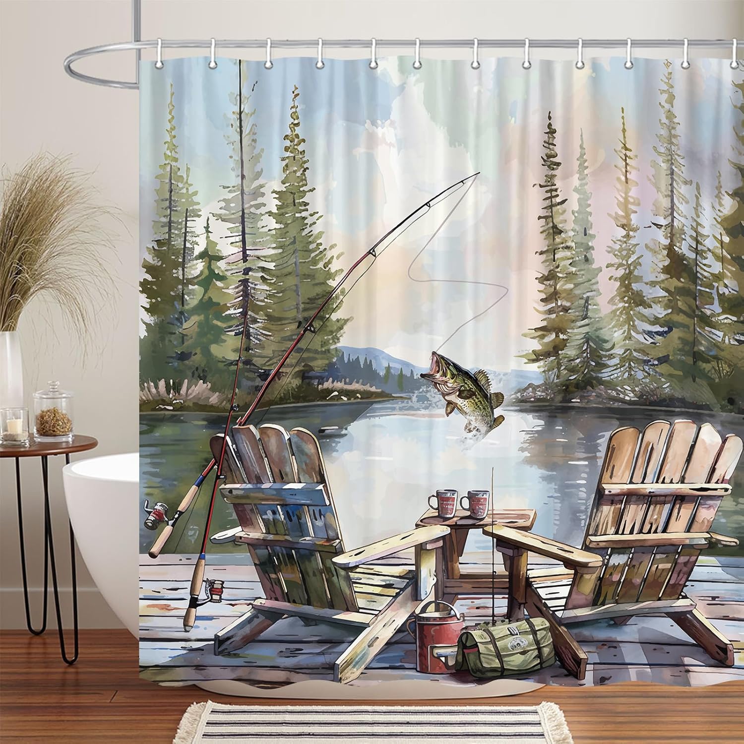 Rustic Fishing Shower Curtain, - Hunting And Camping In Forest のレビューと価格