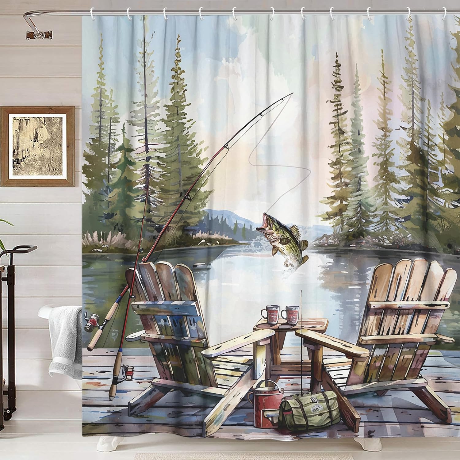 Rustic Fishing Shower Curtain, - Hunting And Camping In Forest のレビューと価格