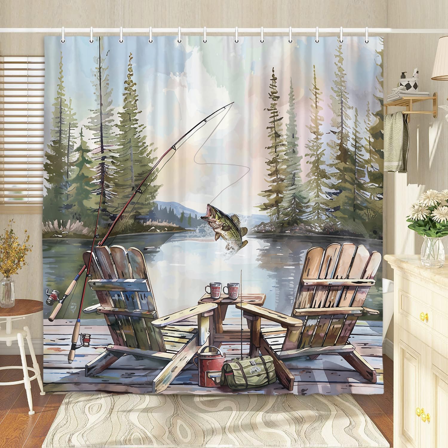 Rustic Fishing Shower Curtain, - Hunting And Camping In Forest のレビューと価格
