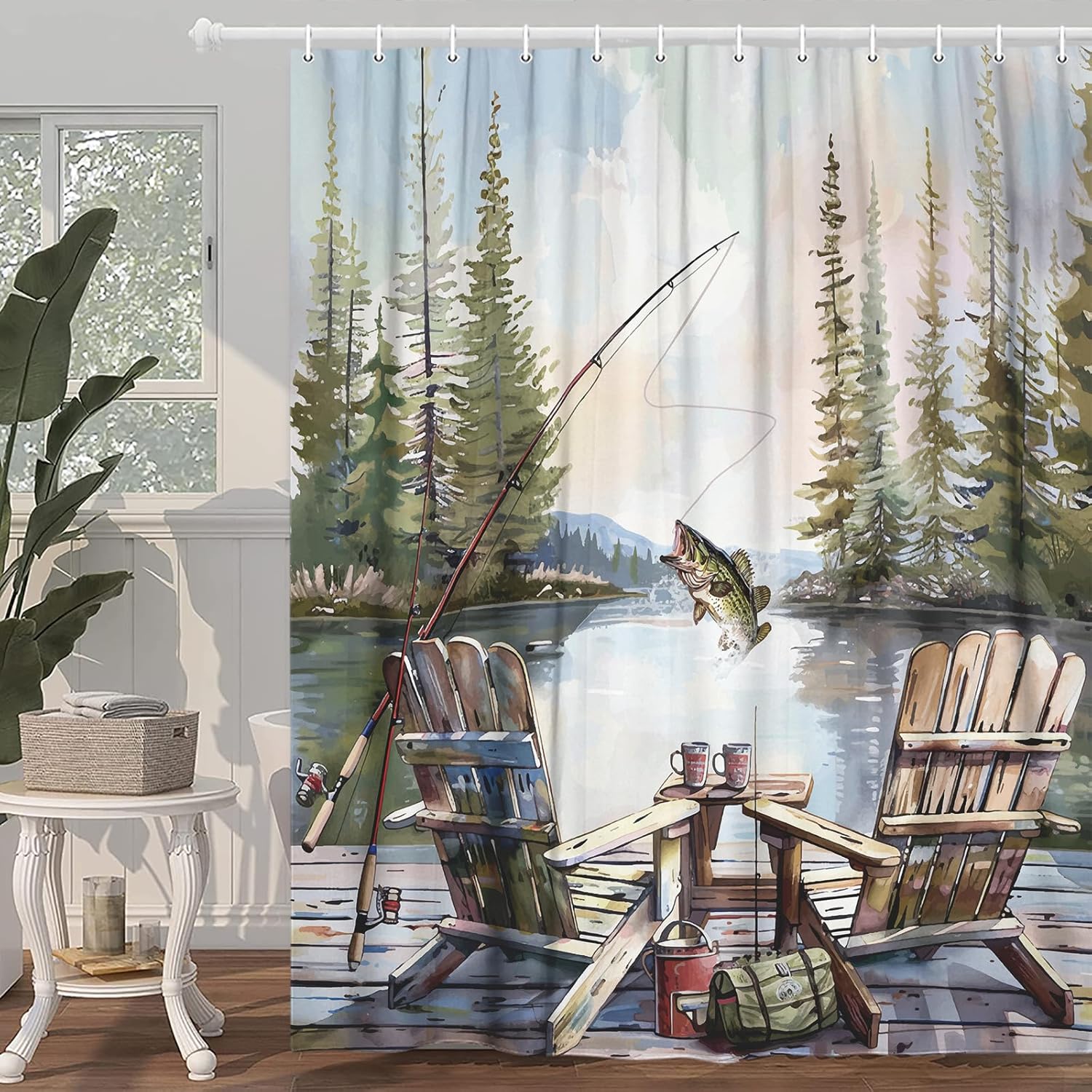 Rustic Fishing Shower Curtain, - Hunting And Camping In Forest のレビューと価格