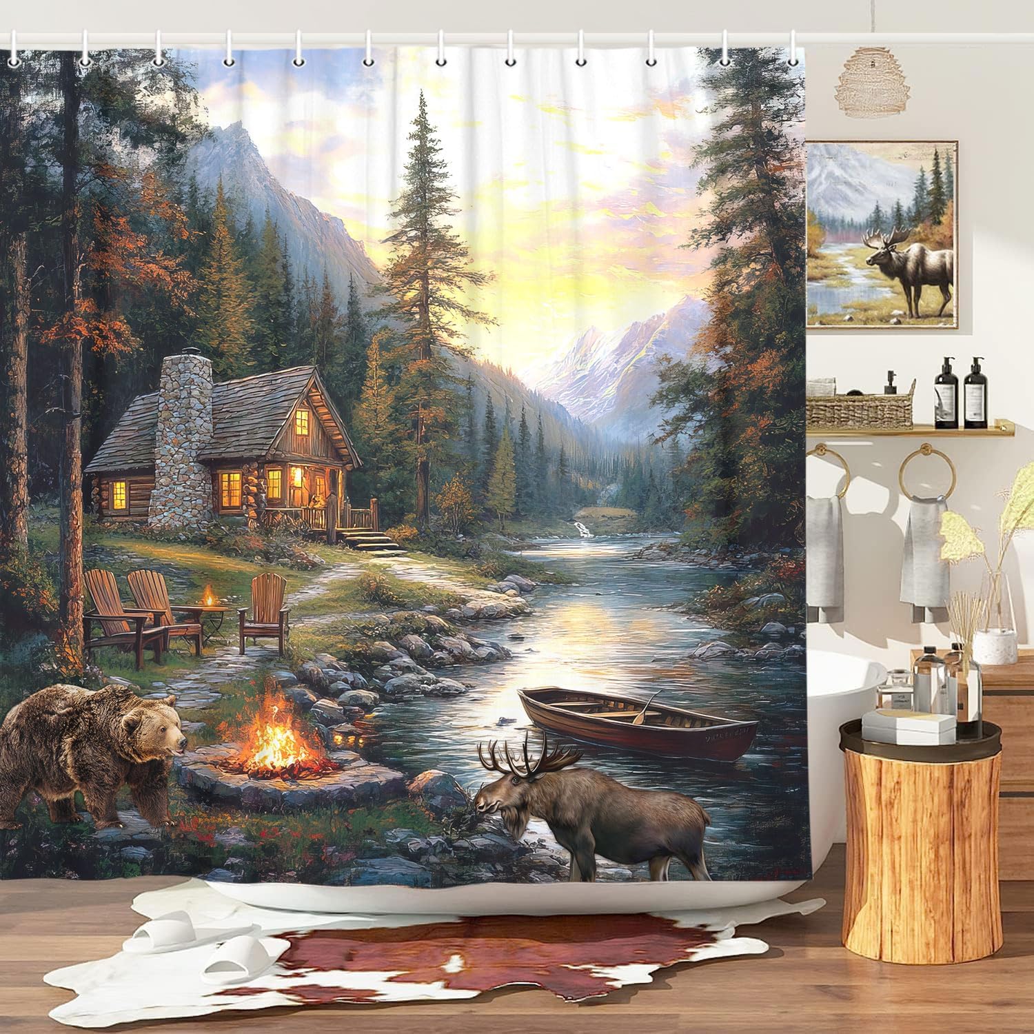 Rustic Cabin Lodge Shower Curt - Hunting And Camping In Forest のレビューと価格