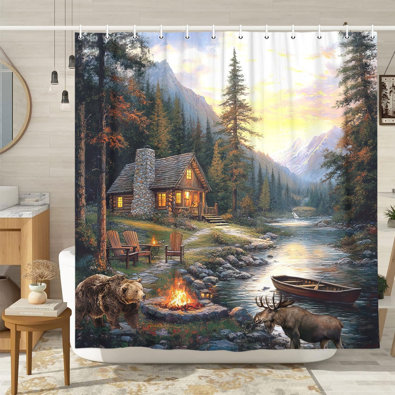 Rustic Cabin Lodge Shower Curt - Hunting And Camping In Forest のレビューと価格